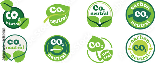 co2 neutral green logo set with leaves. Eco friendly sigh, carbon decrease, package ison concept.
