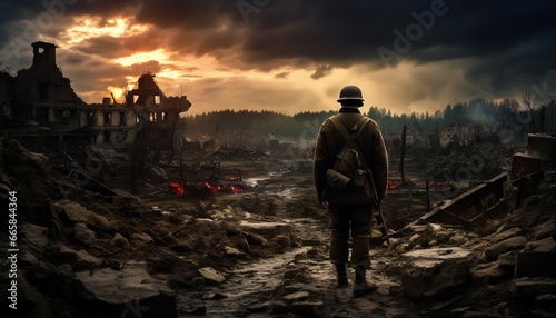 Brave Stand: WWII Soldier Overlooking Devastated European Townscape. Generative ai