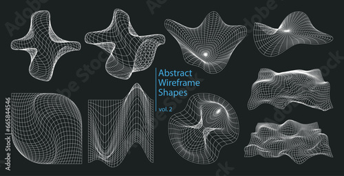 Abstract wireframe set of Y2K elements. Distortion and transformation of geometric 3d shapes and grids. Inspired by brutalism, cyberpunk, retro futuristic styles. Vector graphic design forms.