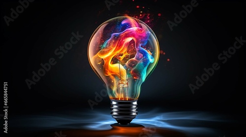 clorful lightbulb made from liquid paint on dark background