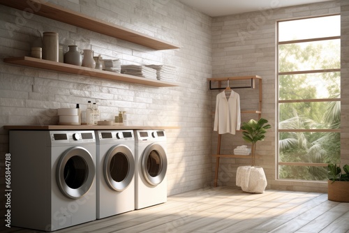 Sustainable Modern Laundry Room Oasis  Dual Washing Machines  Wooden Shelving with Decor  Sunlit Interior  Greenery Accents  Exposed Brick Wall Aesthetic