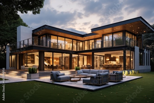 Modern Architectural Masterpiece: Two-Story Glass Facade Home, Wood Accents, Outdoor Seating, Lit Interiors, and Lush Green Lawn at Dusk © Bryan