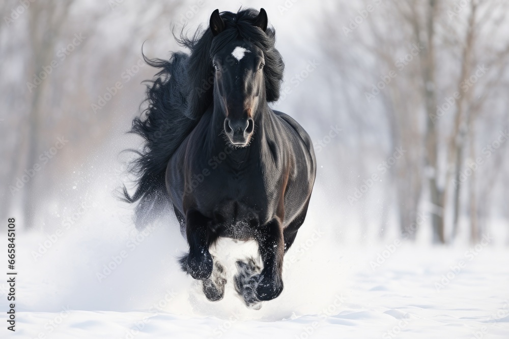Fototapeta premium Black Horse Running Across Snow on a Snowy Meadow