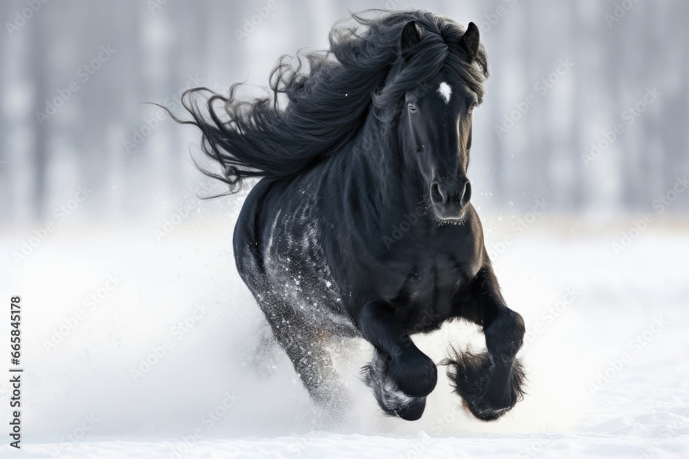 Fototapeta premium Black Horse Running Across Snow on a Snowy Meadow