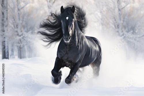 Black Horse Running Across Snow on a Snowy Meadow © ChaoticMind