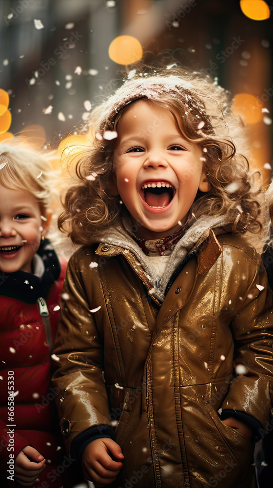 Cheerful young kids playing with snowfall outdoors in cold winter. Winter holidays, Christmas concept. Generative AI.