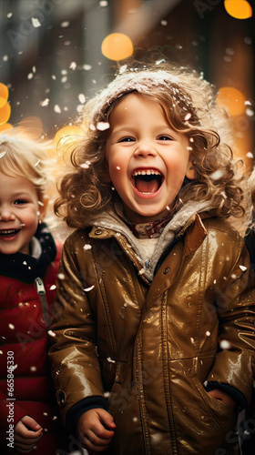 Cheerful young kids playing with snowfall outdoors in cold winter. Winter holidays, Christmas concept. Generative AI.