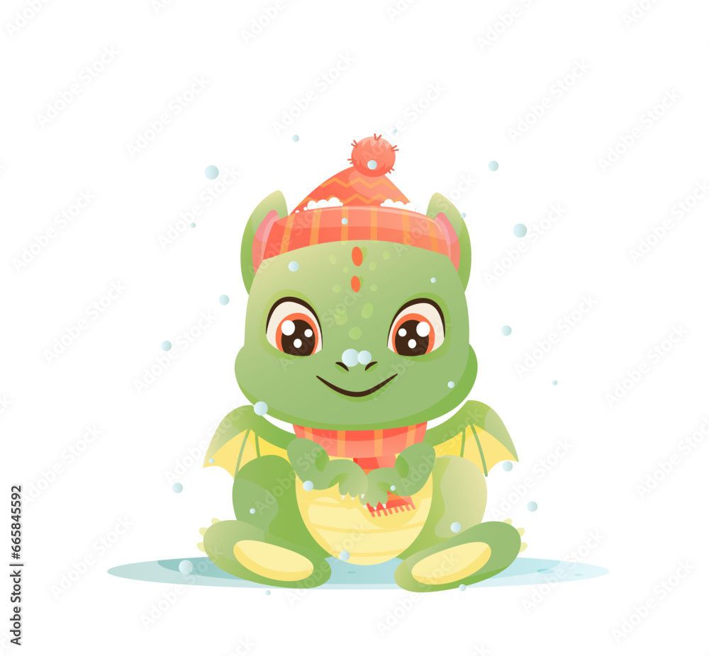 Obraz premium Cartoon cute christmas dragon with hat, great design vector. White color background. New Year 2024 Vector art.