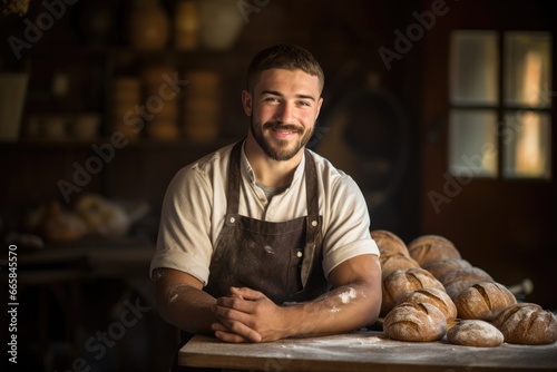 A Skilled Baker Crafting Delicious Artisan Breads and Pastries in a Cozy, Well-Equipped Bakery with Freshly Baked Goods on Display