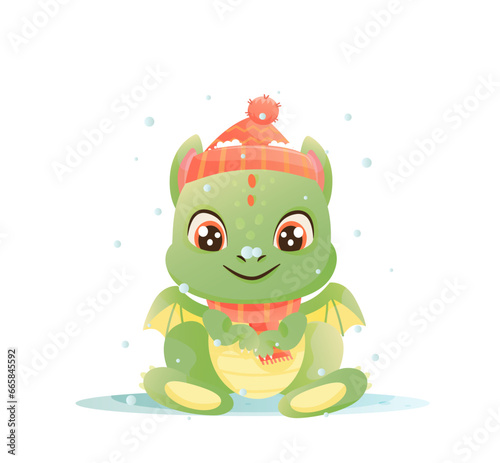 Cartoon cute christmas dragon with hat, great design vector. White color background. New Year 2024 Vector art.