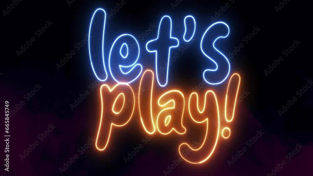 LETS PLAY text font with neon light. Luminous and shimmering haze inside the letters of the text Let's Play. Let's Play neon sign. LETS PLAY text font with neon light. Luminous and shimmering haze inside the letters of the text Let's Play. Let's Play neon sign.