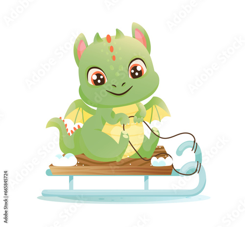 Cute cartoon green dragon on sleigh. New year vector illustration on a white background.