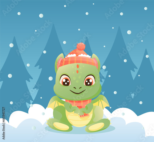 Cartoon cute christmas dragon with hat, great design vector. Merry Christmas card. New Year 2024 Vector art.