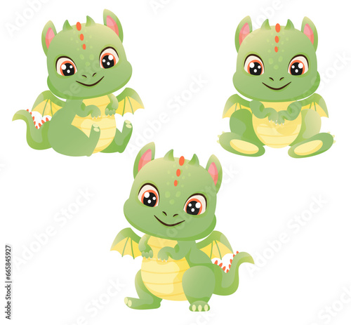 Cute vector set of green dragon characters. Cute cartoon dragons in different poses. New Year 2024 animal.