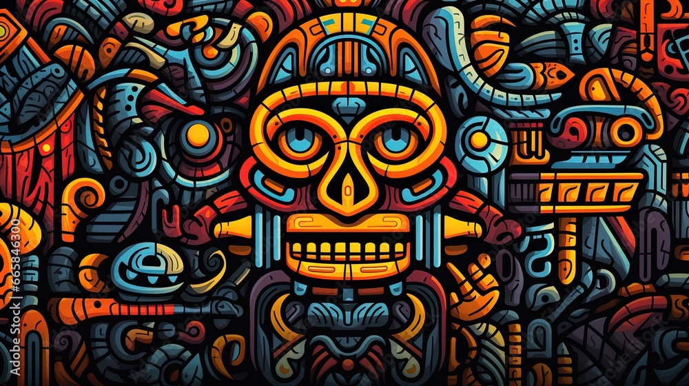 art print illustration of skull of the aztec gods. Fantasy concept , Illustration painting. - obrazy, fototapety, plakaty 