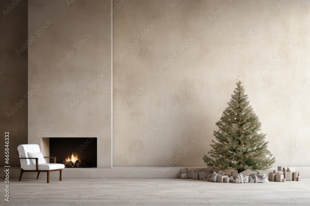 A minimalist room featuring a Christmas tree by the fireplace in an empty space A minimalist room featuring a Christmas tree by the fireplace in an empty space