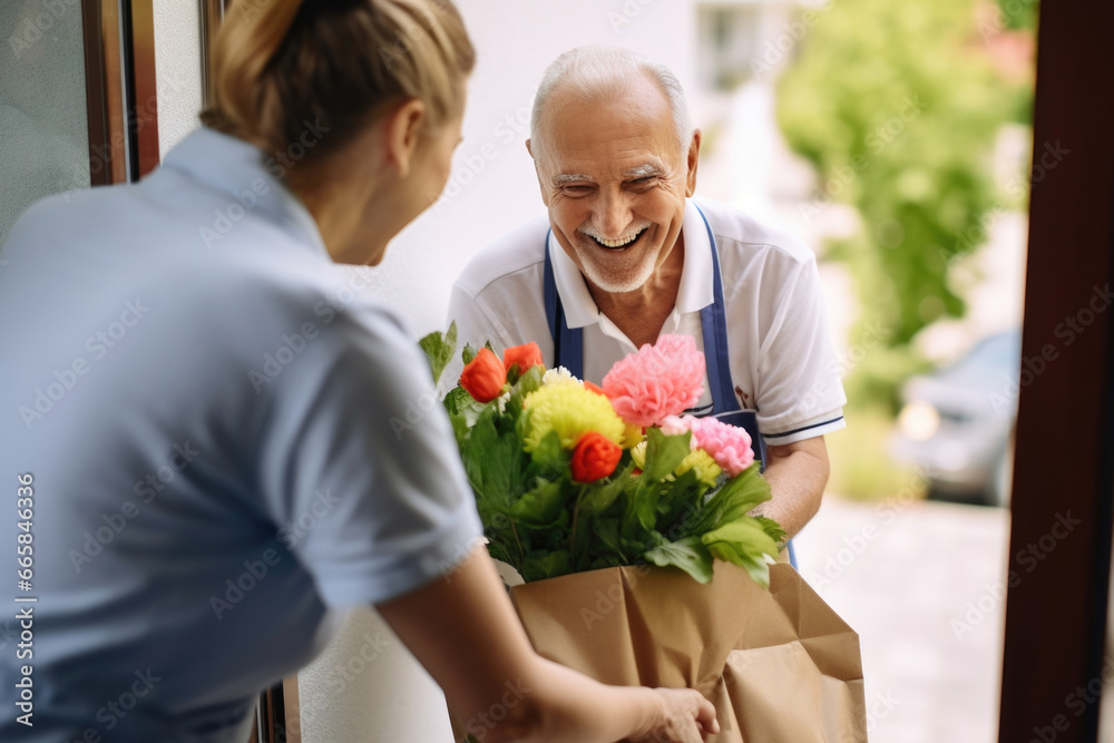 An elderly man receives packages with food and flowers and smiles. food delivery to pensioners at home