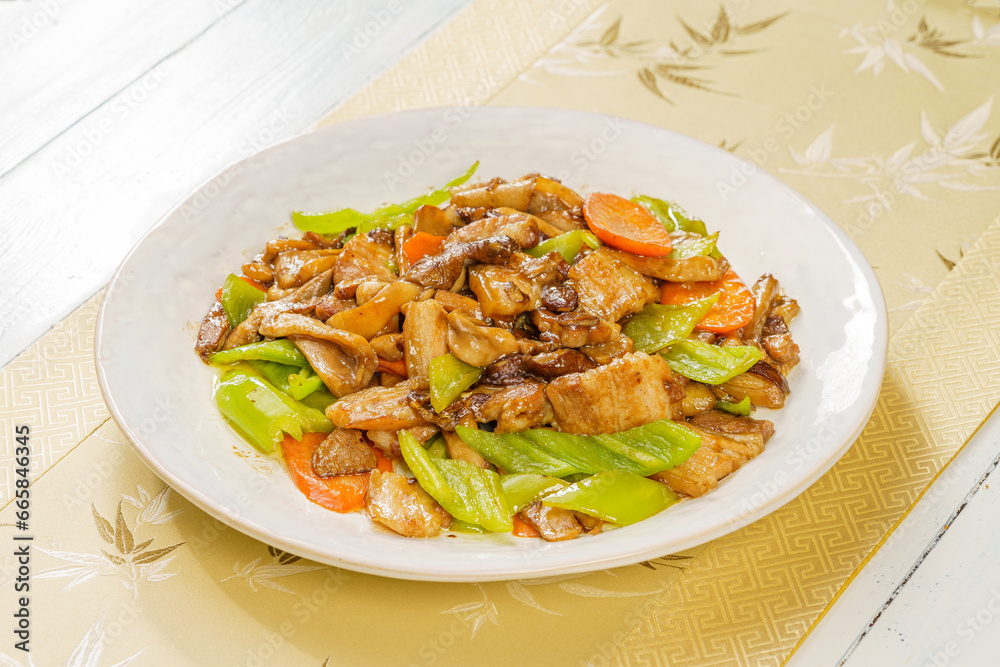 Special Chinese mushroom stir-fried meat on simple background Special Chinese mushroom stir-fried meat on simple background