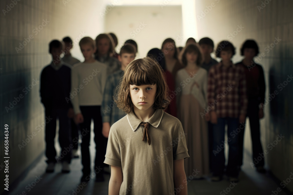 Fototapeta premium Invisible to his classmates, a young boy bears the weight of neglect and isolation
