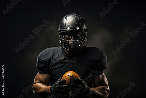 An American footballer with African heritage poses in uniform against a black canvas