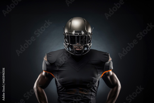 African American football player in gear set against a deep black backdrop