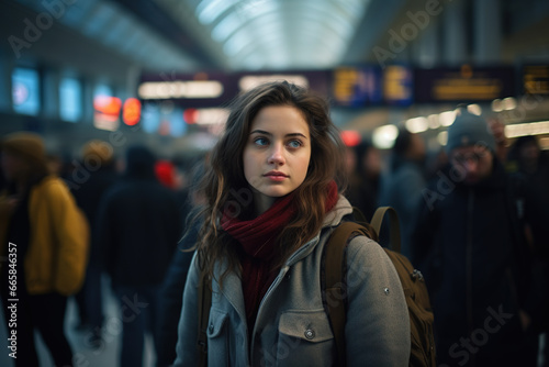 In a busy train station, a confident woman stands on the bustling platform, meeting the camera's gaze amidst a sea of hurried commuters and the urban pulse of city life © Victor