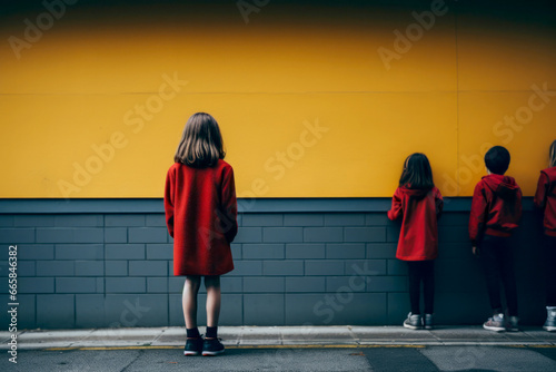 An unnoticed girl stands alone, shunned by her peers. School bullying and isolation take their toll photo