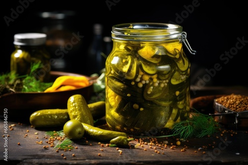 Pickled gherkins in a glass jar on a dark background, wooden surface, chilly pickle, cucumber pickle, marinaded spicy cucumber pickle with mastered oil