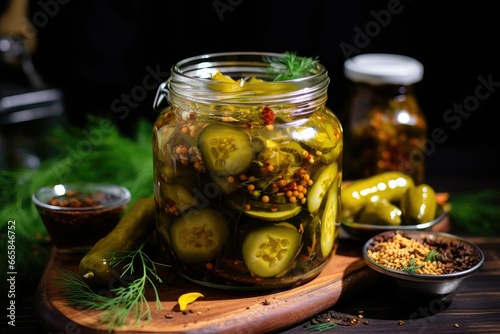Marinated jalapeno peppers in a glass jar on a wooden background, Selective focus, spicy cucumber pickle, preserved with mastered oil, healthy vegan ingredient pickle, home made