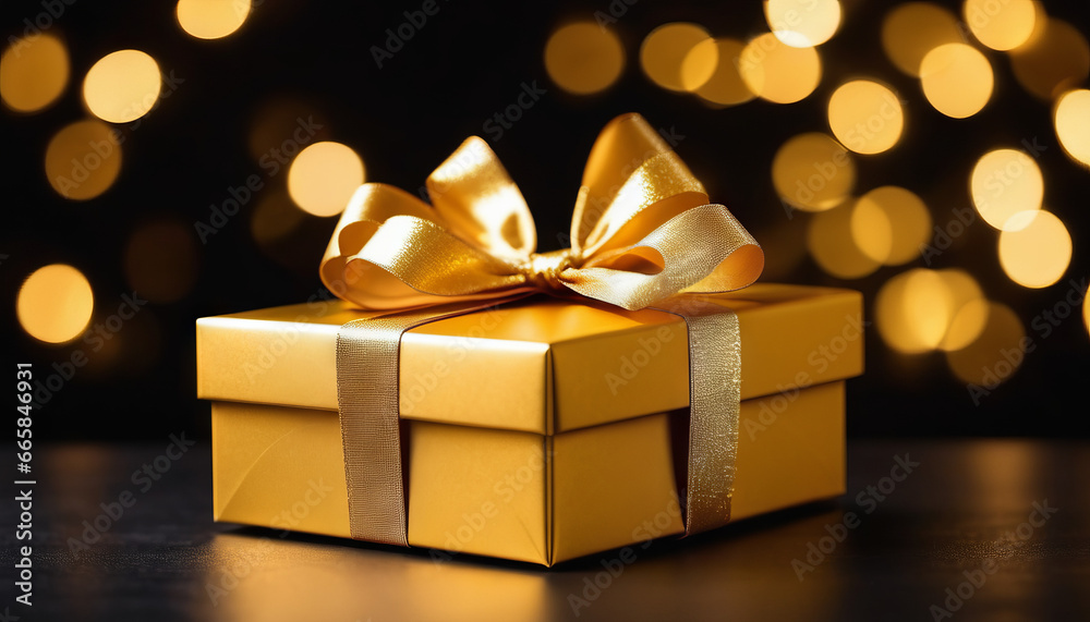 Gold gift box with bow blurred lights background Gold gift box with bow blurred lights background