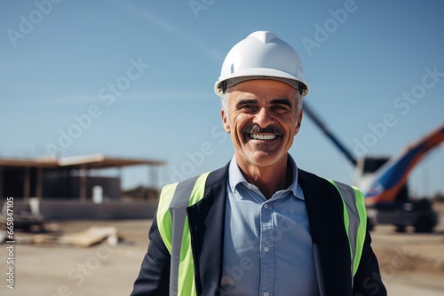Smiling portrait of a middle aged businessman in a construction site