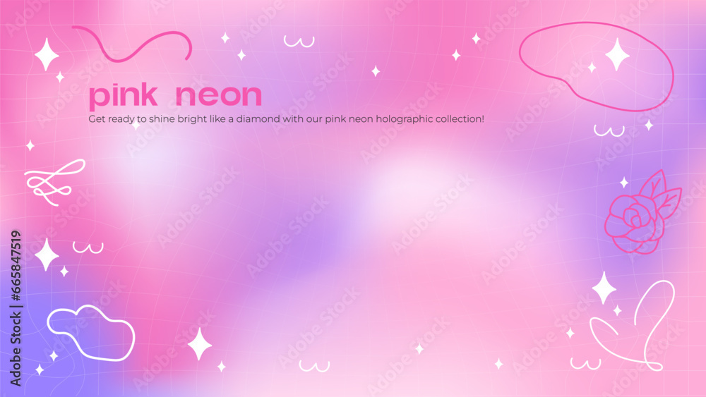 Vibrant and energetic pastel-colored abstract background with a neon holographic effect. The background features colorful smooth and rounded lines that add elements of Kawaii and Y2K styles. There is 