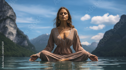harmonie yoga dans la nature avec une femme IA  photo