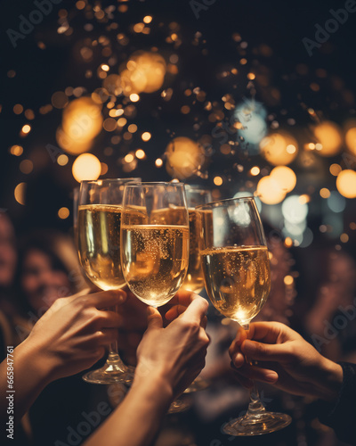 Joyful clinking of champagne flutes in festive gathering. With copyspace,