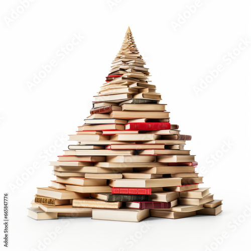 Colorful books arranged in the shape of a Christmas tree on pastel beige background. Creative Chirstmas scene in a minimalist style. Holiday book sale or black friday concept.