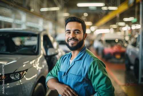 portrait of a hispanic worker engineer at a car assembly plant; male mechanic looking at camera smiling in an automobile manufacturing center; latin technician working at a production line or workshop