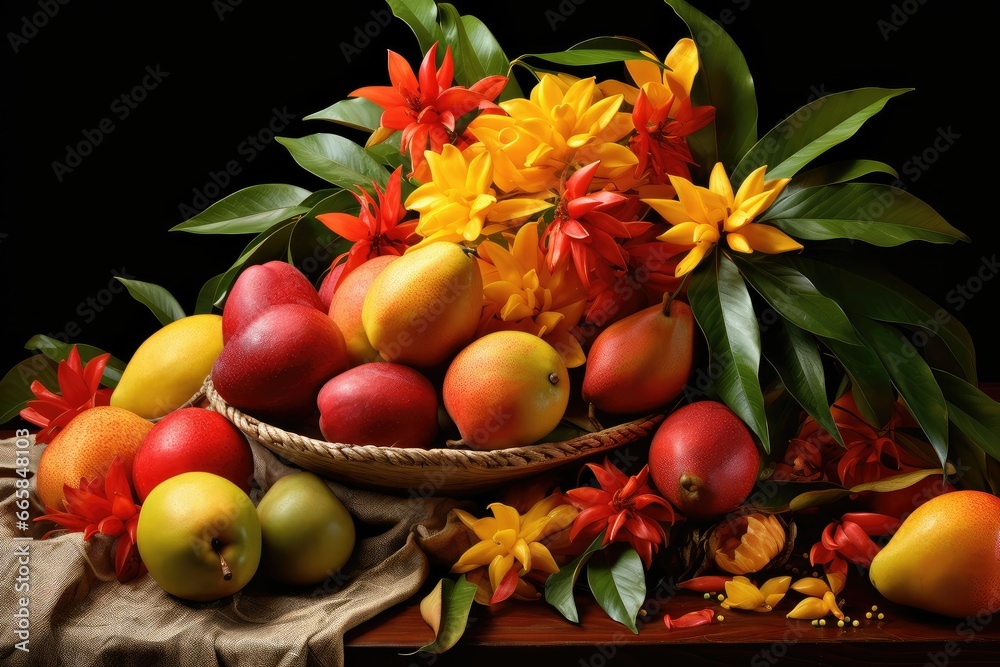 Still life with fruit and flowers on wooden table, on black background, yellow red mangoes, tropical fruits, beautiful decoration, organic fruits, fresh mangoes