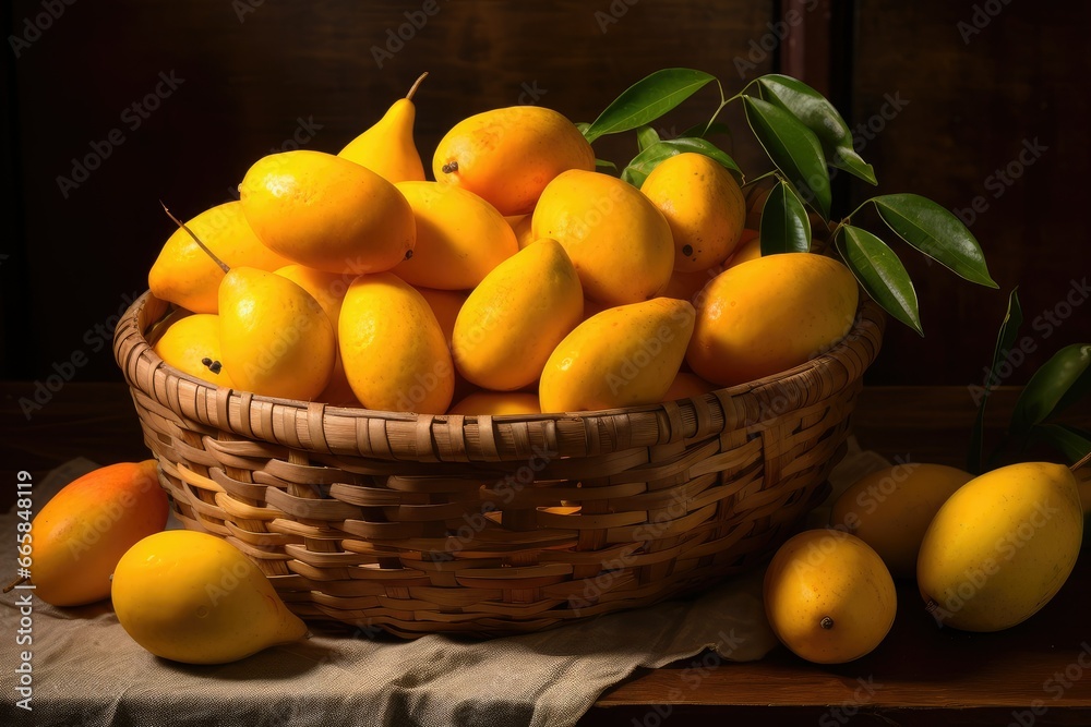 Ripe yellow mangoes in a basket on a wooden background, tropical mangoes, healthy fresh fruits, organic mangoes