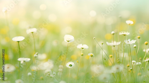 Wildflowers in fresh grass against blurred background - Ecology concept