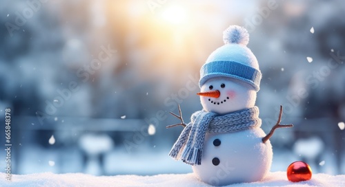 Cute snowman with scarf and woolly hat against a beautiful winter background. © LeitnerR