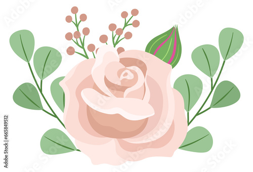 Tender rose with green leaves. Natural botany element