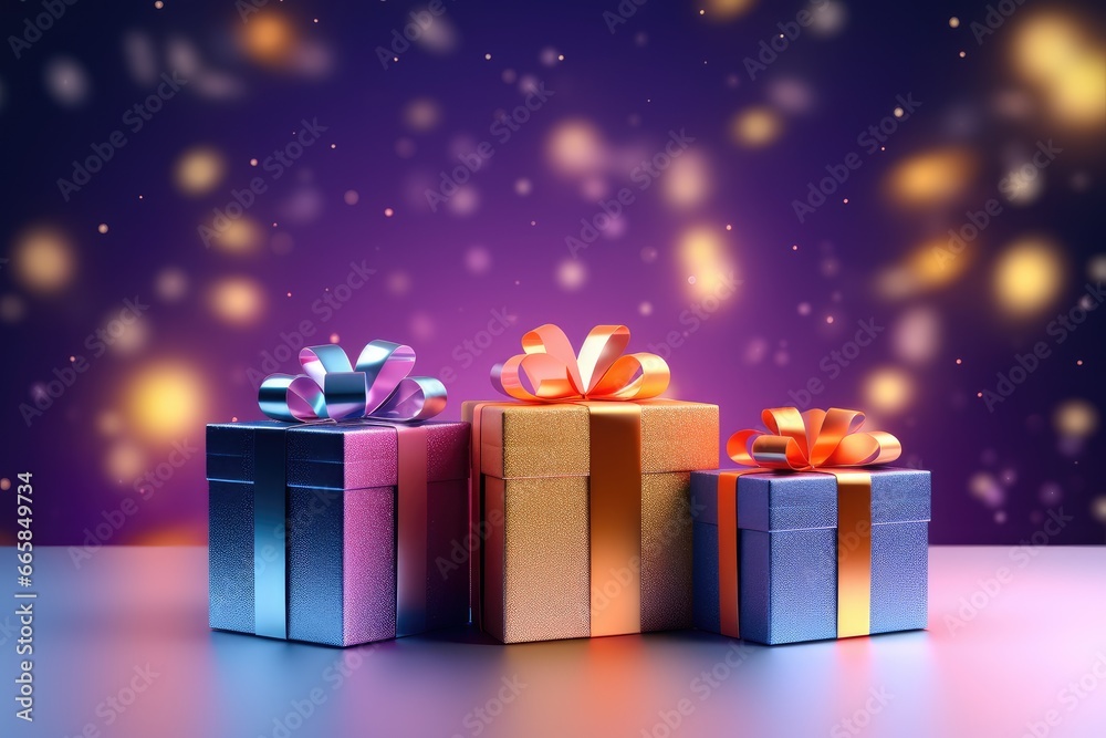 Three colorful gift boxes with ribbon bow on blurred bokeh background. Present for birthday, christmas, valentines day