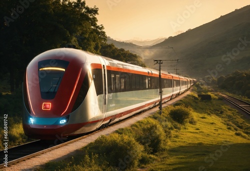 Train of the future running through the countryside in the morning photo