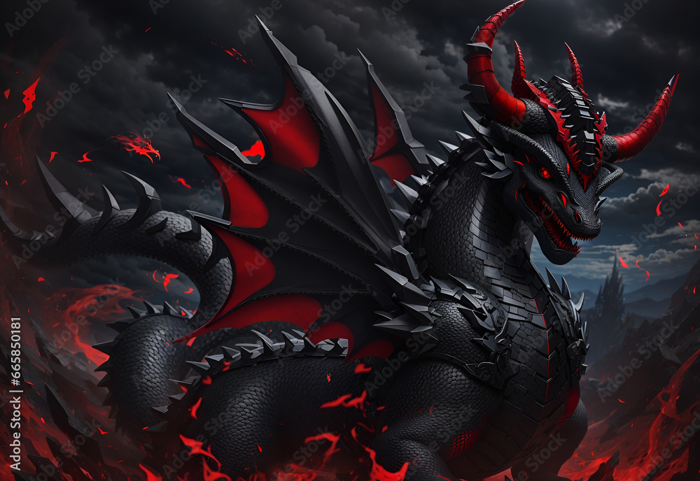 Fantasy dragon. Red eyes and wings with black body. Monster and ...