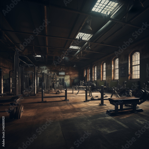 Interior of a gym with old exercise equipment