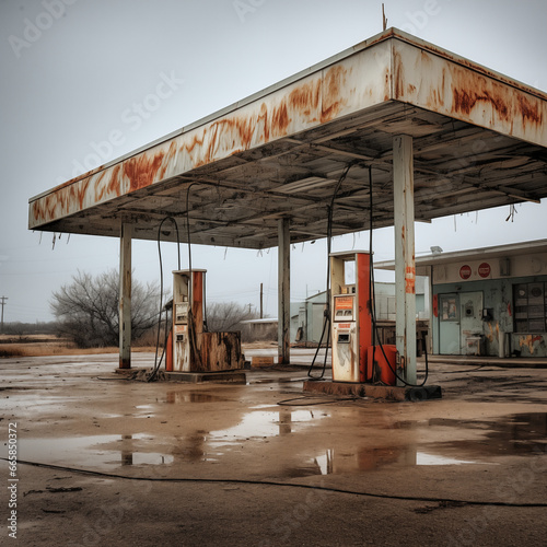 Rusted gas station in Arkansas on a dreary day photo