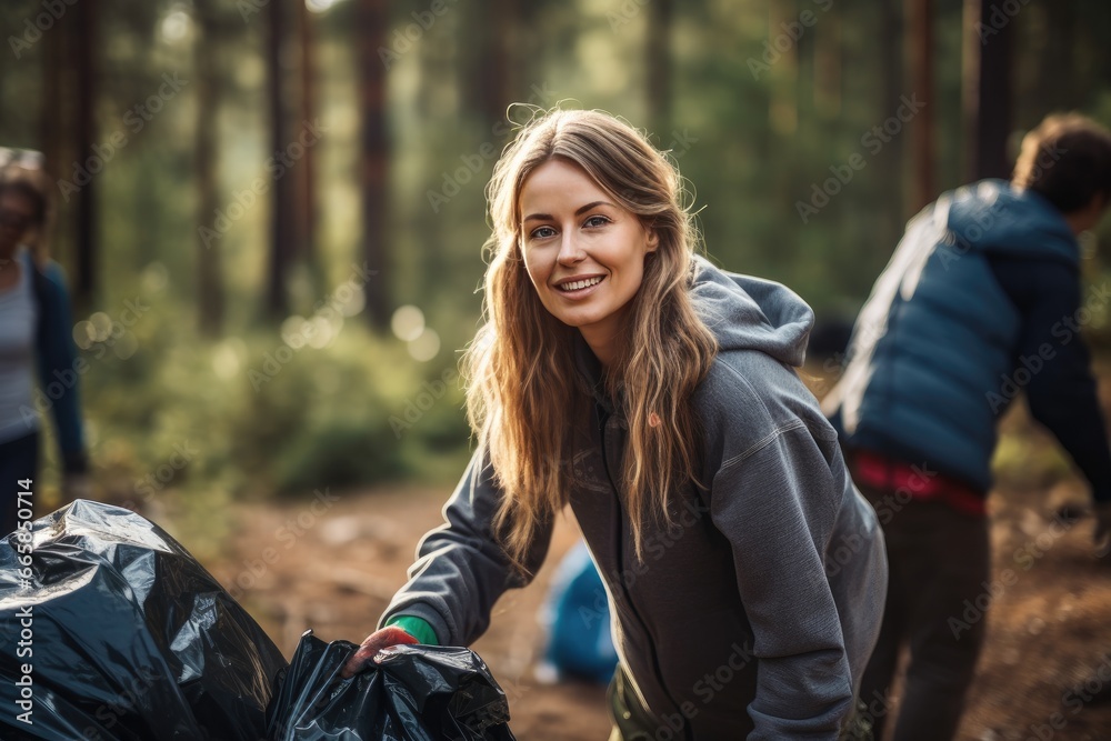 Happy young woman voluntarily cleaning a polluted environment. Recycling and environmental protection concept. Happy young woman voluntarily cleaning a polluted environment. Recycling and environmental protection concept.
