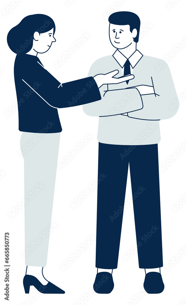 Woman and man talking together. Characters discussing problem Woman and man talking together. Characters discussing problem