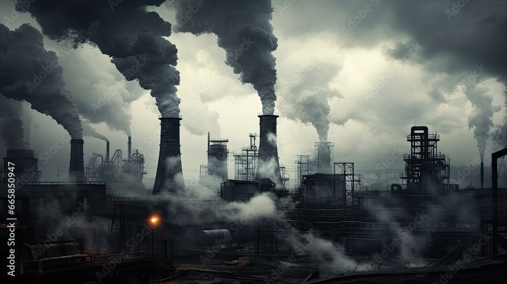 A factory with smoking chimneys. Air pollution and global warming concept. A factory with smoking chimneys. Air pollution and global warming concept.