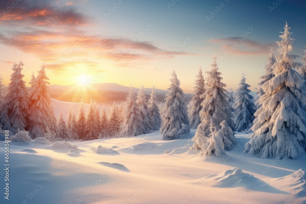 Fototapeta premium Snowy winter landscape with snow-covered trees. 